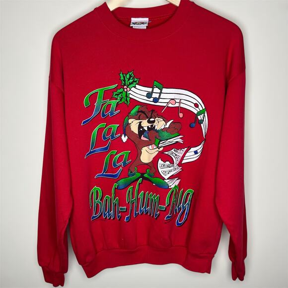 1996 Looney Tunes Tasmanian Devil Ugly Christmas Sweater Large Adult Vintage Red - Picture 1 of 7